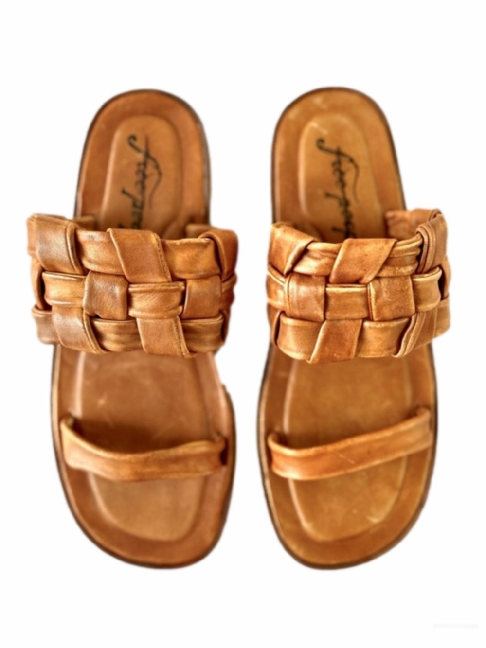 Free People Tan Woven Leather Slide Sandals